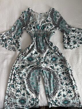 Paisley Boho Print Bell Ruffle Sleeve and Leg White & Teal Floral Jumpsuit